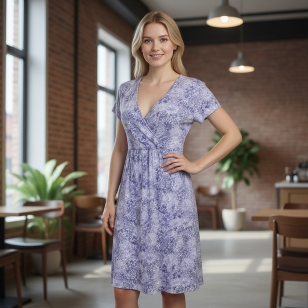 Garnet Hill Linen Purple and Blue Patterned Floral Wrap Dress Size Medium
